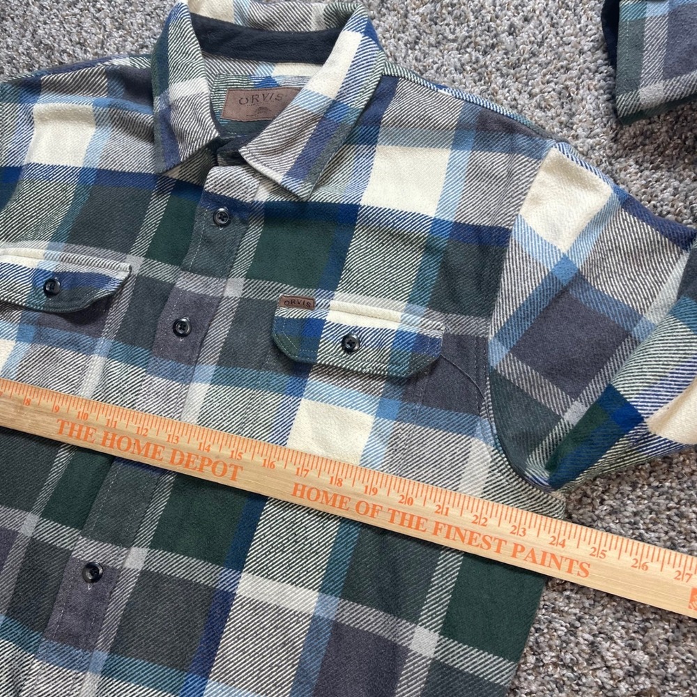 Orvis Men's XL Plaid Flannel Shirt Green Blue Fleece Lined Collar Button Down - Picture 6 of 8